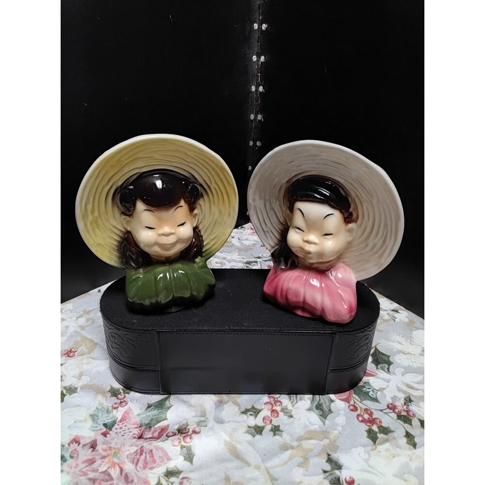 Royal Copley Oriental Asian Boy & Girl Wall Planters Vintage 1950's